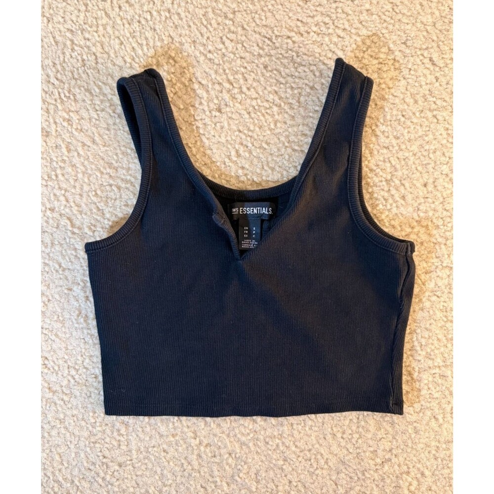SWS Essentials Women's Black Ribbed Split Neck Crop Tank Top Small